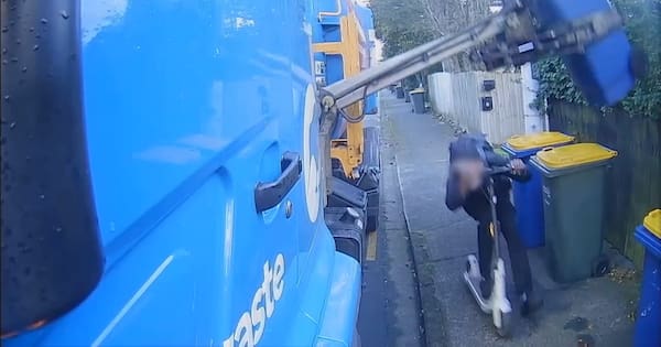 Watch: E-scooter rider narrowly avoids rubbish truck side loader