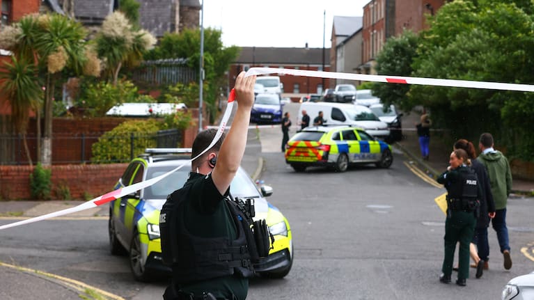A police cordon at the scene of a stabbing outside apartments in north Belfast, Tuesday, June 3, 2026.