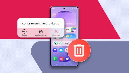 A Samsung smartphone displaying a menu to uninstall a system app, with a large red trash can icon in the foreground.
