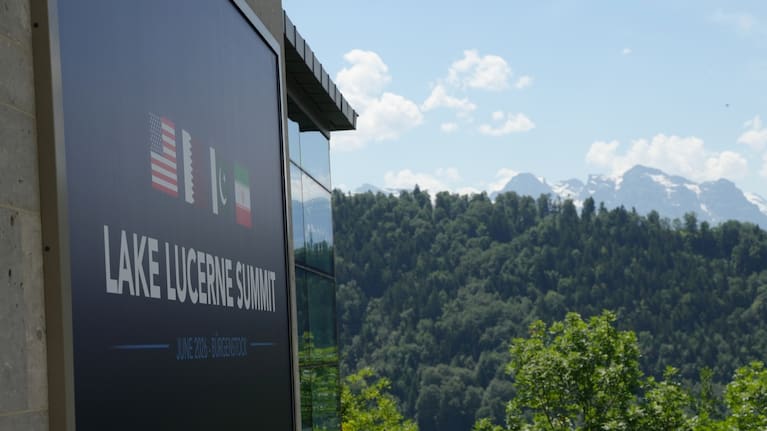 A sign for the Lake Lucerne Summit at the Bürgenstock during a meeting between U.S. Vice President JD Vance and Pakistan's Prime Minister Shehbaz Sharif .