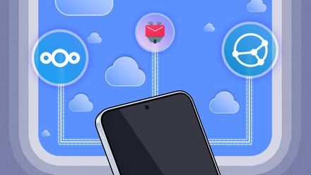 A smartphone with several apps connected to it and cloud icons around it.