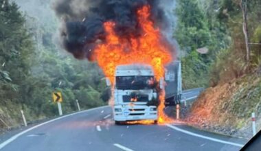 Truck carrying wood bursts into flames on key Coromandel highway
