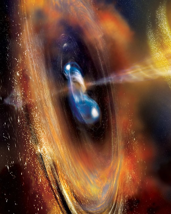 An illustration of two neutron stars colliding and ejecting a jet of high-speed particles – bursts that represent some of the most powerful events in the universe.