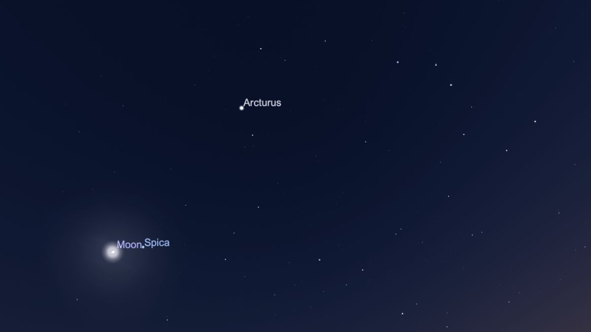 night sky graphic showing the moon next to spica and arcturus to the upper right.