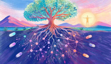 An illustration shows a massive tree with long roots branching out under ground. A person glows in yellow next to to the tree. The tree, sky and background use vibrant colors.