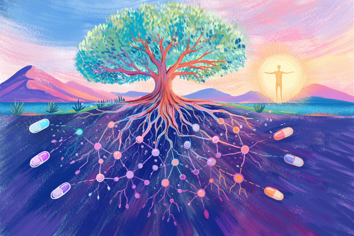 An illustration shows a massive tree with long roots branching out under ground. A person glows in yellow next to to the tree. The tree, sky and background use vibrant colors.