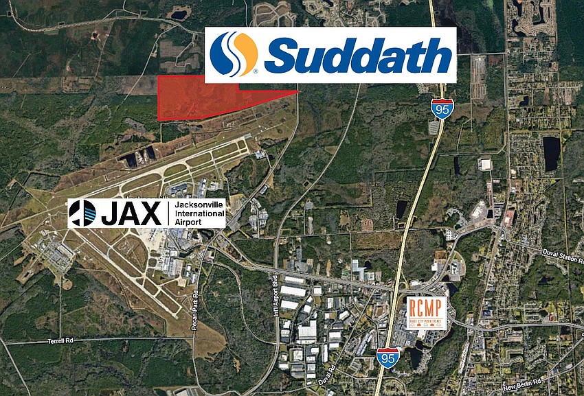 Airport Commerce Center is planned north of Jacksonville International Airport. Access to the property is from Pecan Park Road.