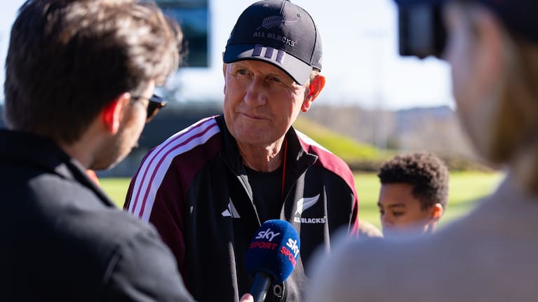 All Blacks assistant coach Neil Barnes speaks to the media.