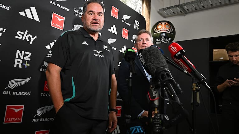 All Blacks head coach Dave Rennie, left, faces the media with NZ Rugby chairman David Kirk.