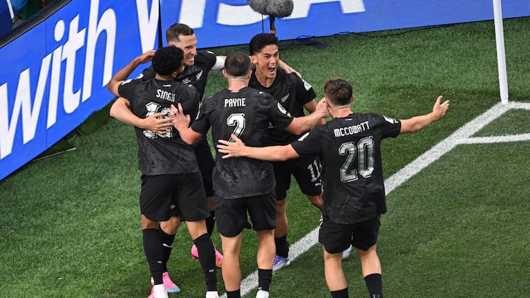 The All Whites celebrate scoring against Iran in their World Cup opener.
