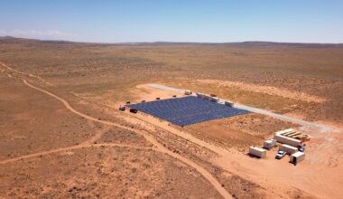 A solar farm is being built in the desert.