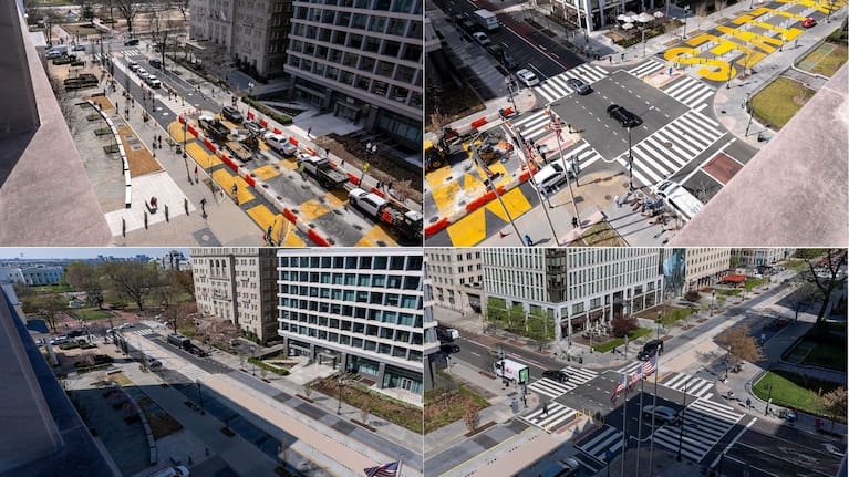 This combination of images shows Black Lives Matter plaza on 16th Street, NW, near the White House on March 10, 2025, top, as work was beginning to remove signage and markings, and on April 1, 2025, after the work was completed