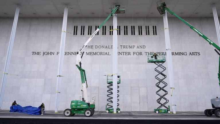 New signage, The Donald J. Trump and The John F. Kennedy Memorial Center for the Performing Arts, is unveiled on the Kennedy Center New signage, The Donald J. Trump and The John F. Kennedy Memorial Center for the Performing Arts, is unveiled on the Kennedy Center