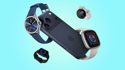 An iPhone 17 Pro Max surrounded by smartwatches from Fitbit, Garmin, Amazfit, and Withings.