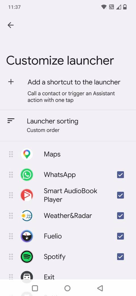 Screenshot showing the Customize launcher page