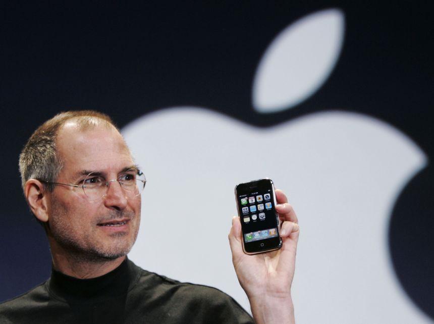 Apple CEO Steve Jobs introduces the first iPhone at the MacWorld Conference in San Francisco on January 9, 2007.