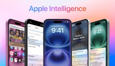 Five iPhones under a banner that says "Apple Intelligence"