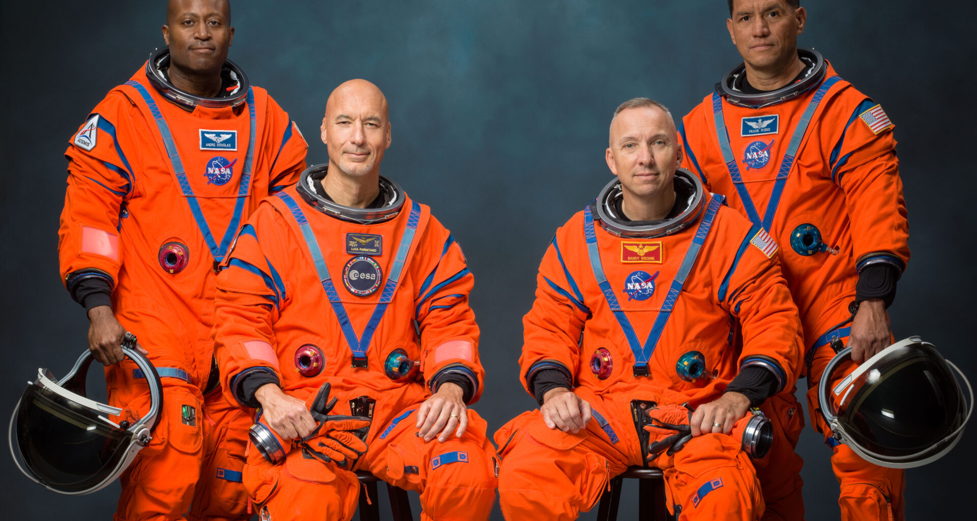 The Artemis III crew poses for an official portrait (from left: Andre Douglas, Luca Parmitano, Randy Bresnik, Frank Rubio).