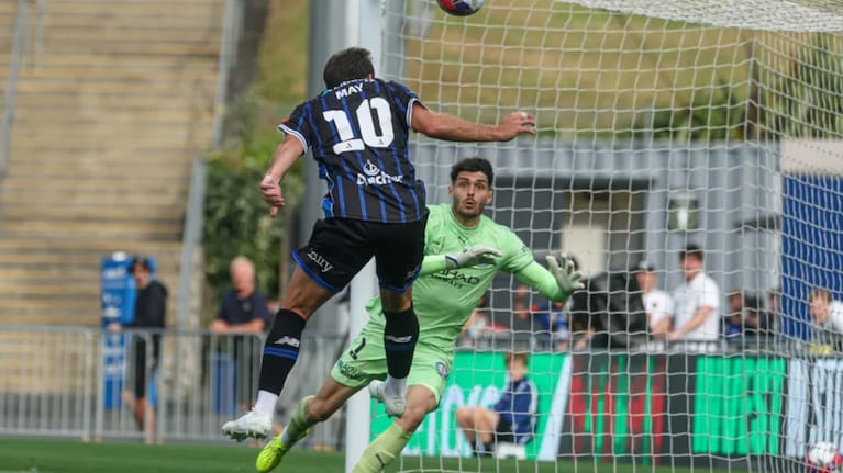 Auckland FC's Guillermo May scores against Melbourne City. Photo: