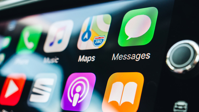 Details of App and icons on the the Apple CarPlay main screen in modern car dashboard
