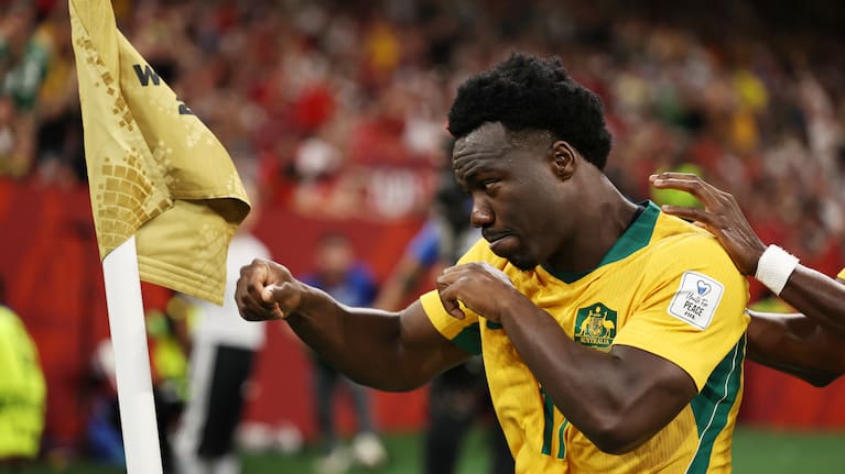 Australia's Nestory Irankunda (17) celebrates scoring the first goal against Turkey during the World Cup Group D soccer match.