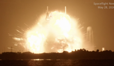 The aftermath of a massive explosion and fireball after an anomaly with Blue Origin's New Glenn rocket May, 28, 2026 at Cape Canaveral Space Force Station in Florida.