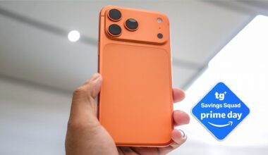 iPhone 17 Pro held in the hand with Prime Day badge.