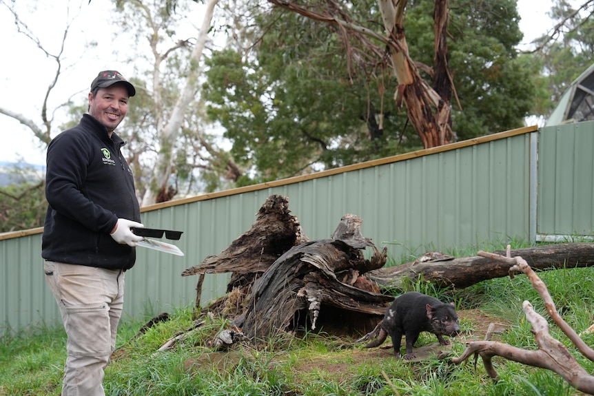A man smiles posing next to a small black marsupial in front of a log