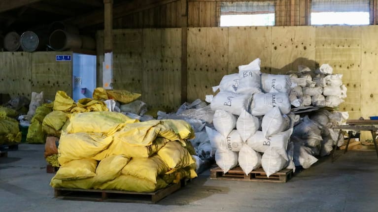 Bags of graded shells inside the Ocean Shell Ltd factory in Riverton.