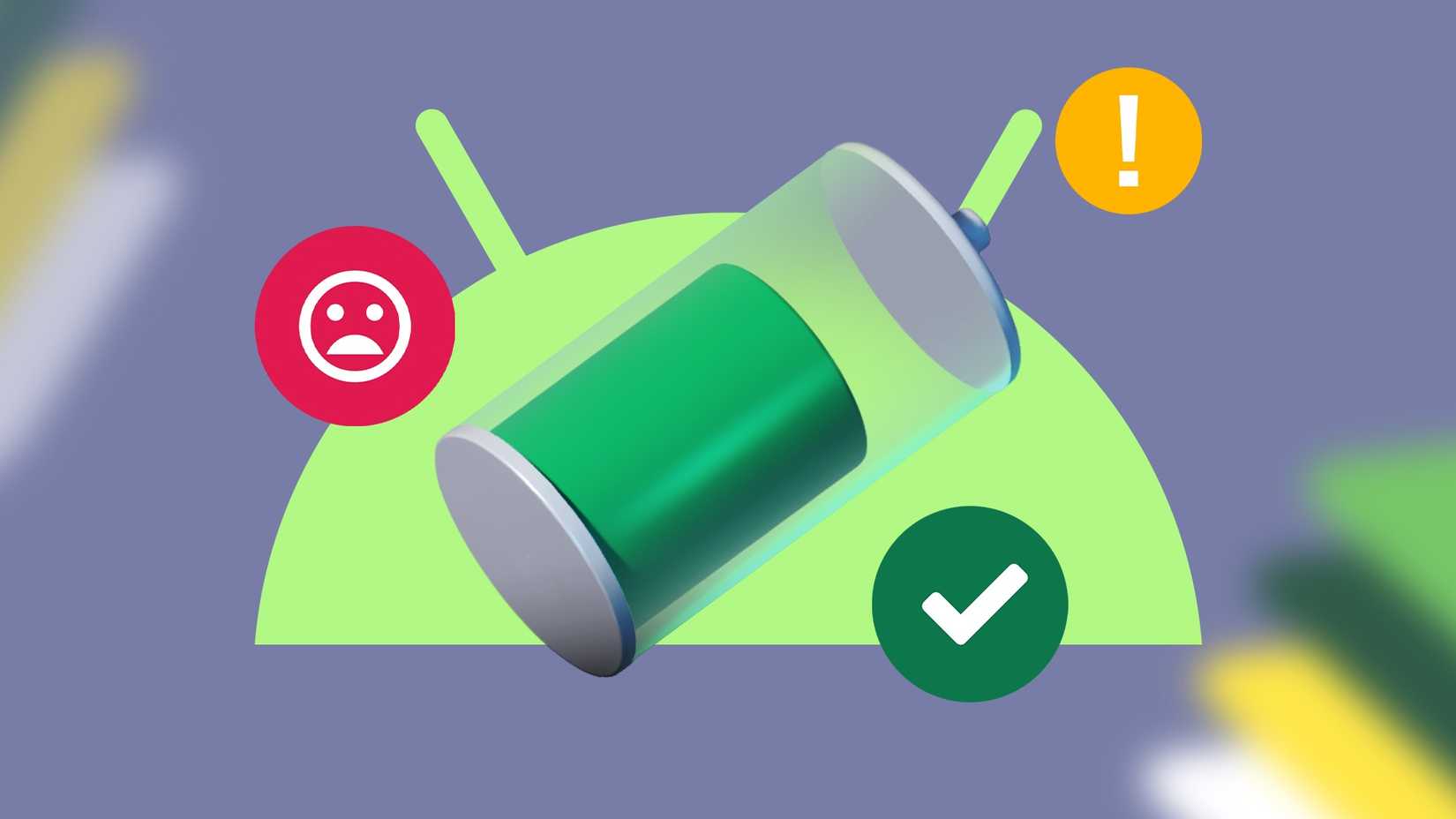 3D battery icon over the Android logo with battery health indicator icons surrounding it