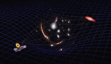 An illustration showing a space telescope and a black hole opposite each other on a blue starry fabric.