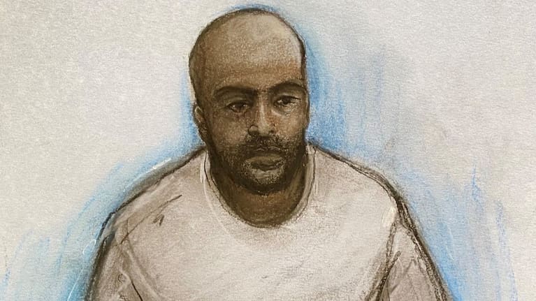 This is a court artist drawing by Elizabeth Cook of Sudanese national Hadi Alodid, 30 appearing via videolink at Belfast Magistrates Court, Belfast, Wednesday, June 10, 2026, after a stabbing attack.