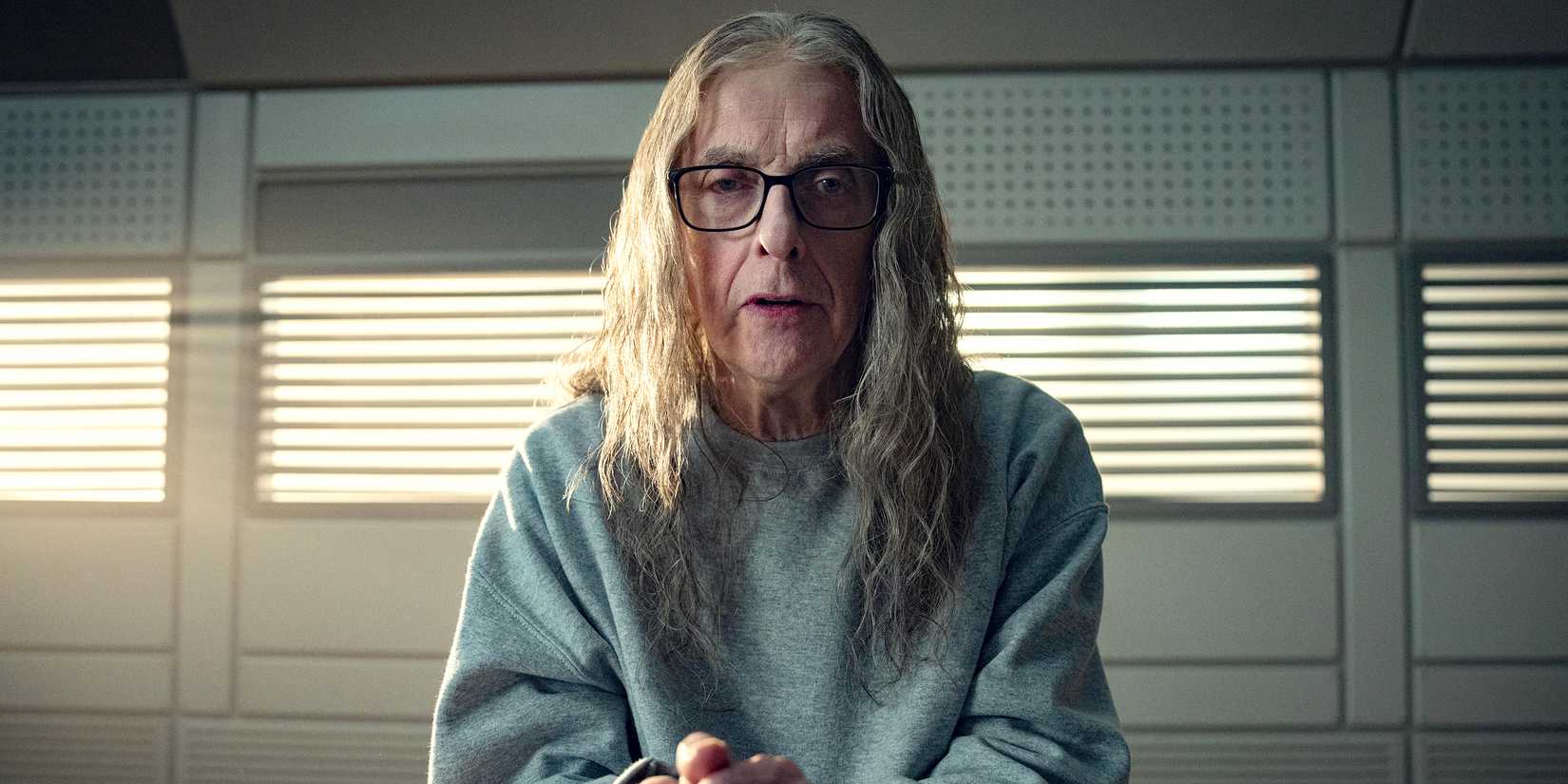 Peter Capaldi with long hair and wearing glasses and a sweatshirt addresses camera in Black Mirror
