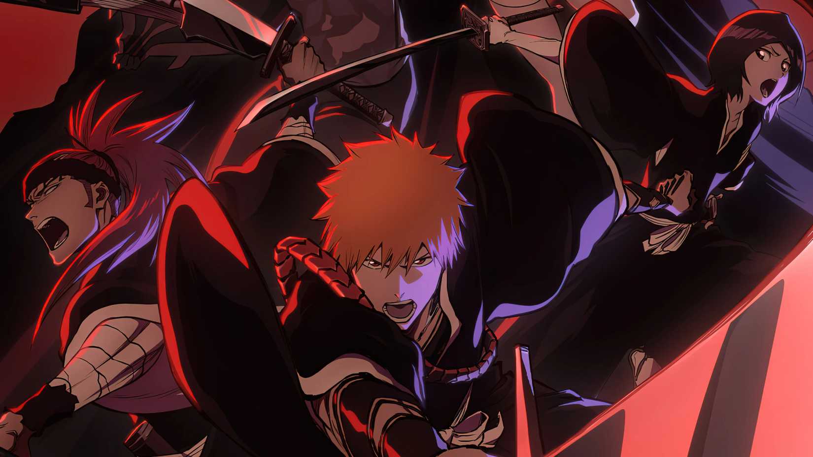 Cropped key art from the announcement poster for Bleach: Thousand Year Blood War featuring series protagonist Ichigo Kurosaki flanked by Rukia Kuchiki (right) and Renji Abarai (left).