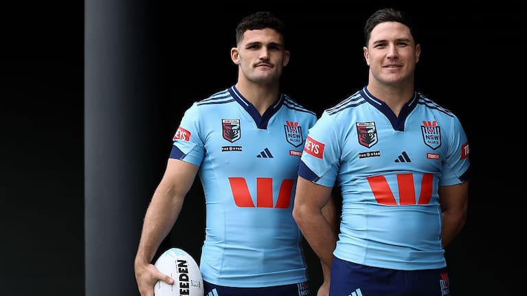 Nathan Cleary and Mitchell Moses pose during a NSW Blues State of Origin Squad Media Opportunity at NSWRL Centre of Excellence on May 19, 2025 in Sydney, Australia