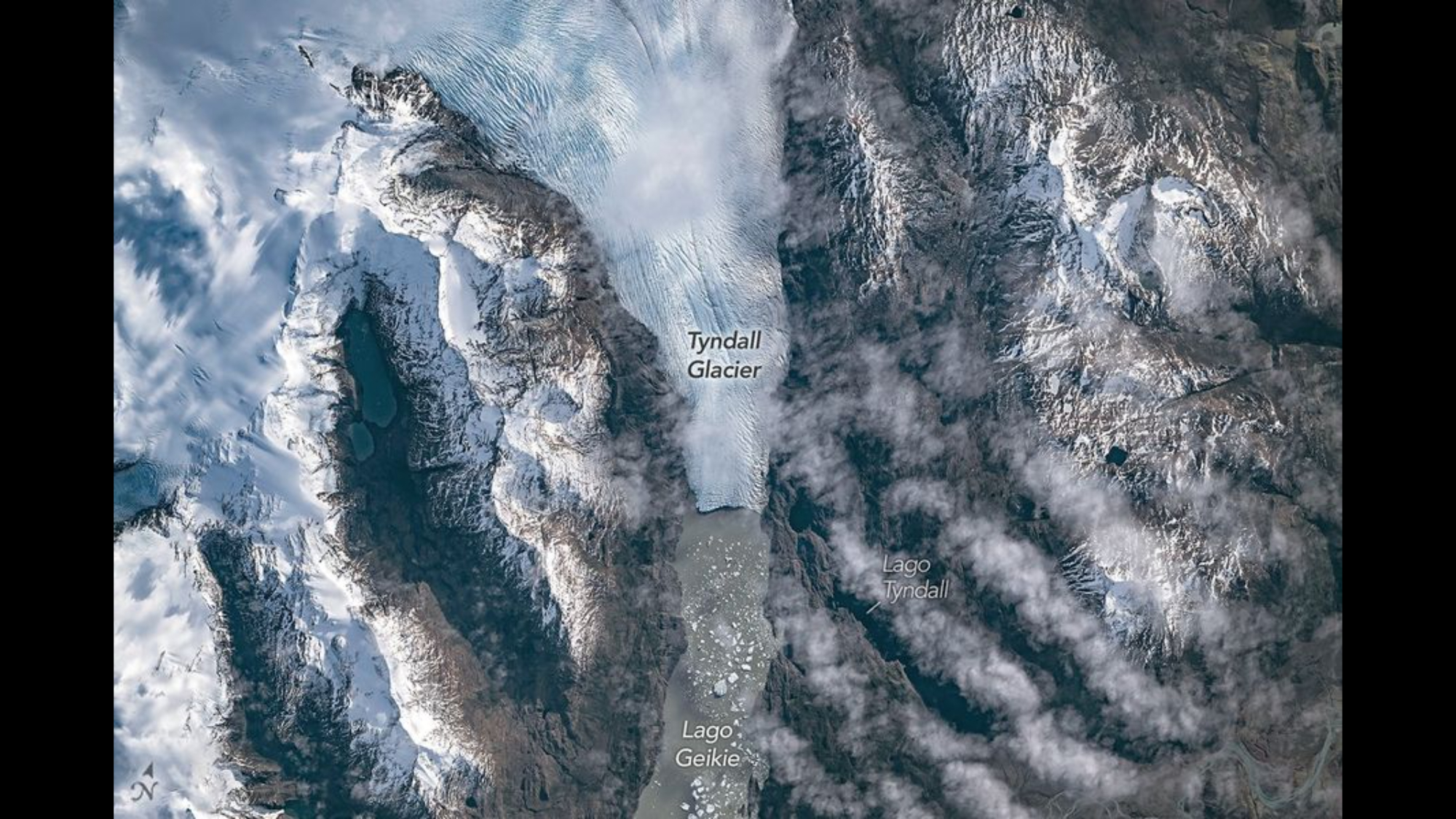 An image from space shows glaciers in Patagonia.