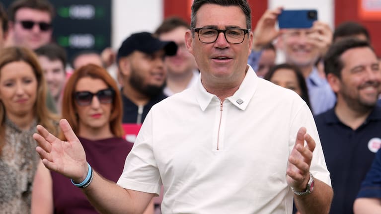 Britain's Labour party candidate Andy Burnham speaks to supporters after the Makerfield by-election in Ashton in Makerfield, England.