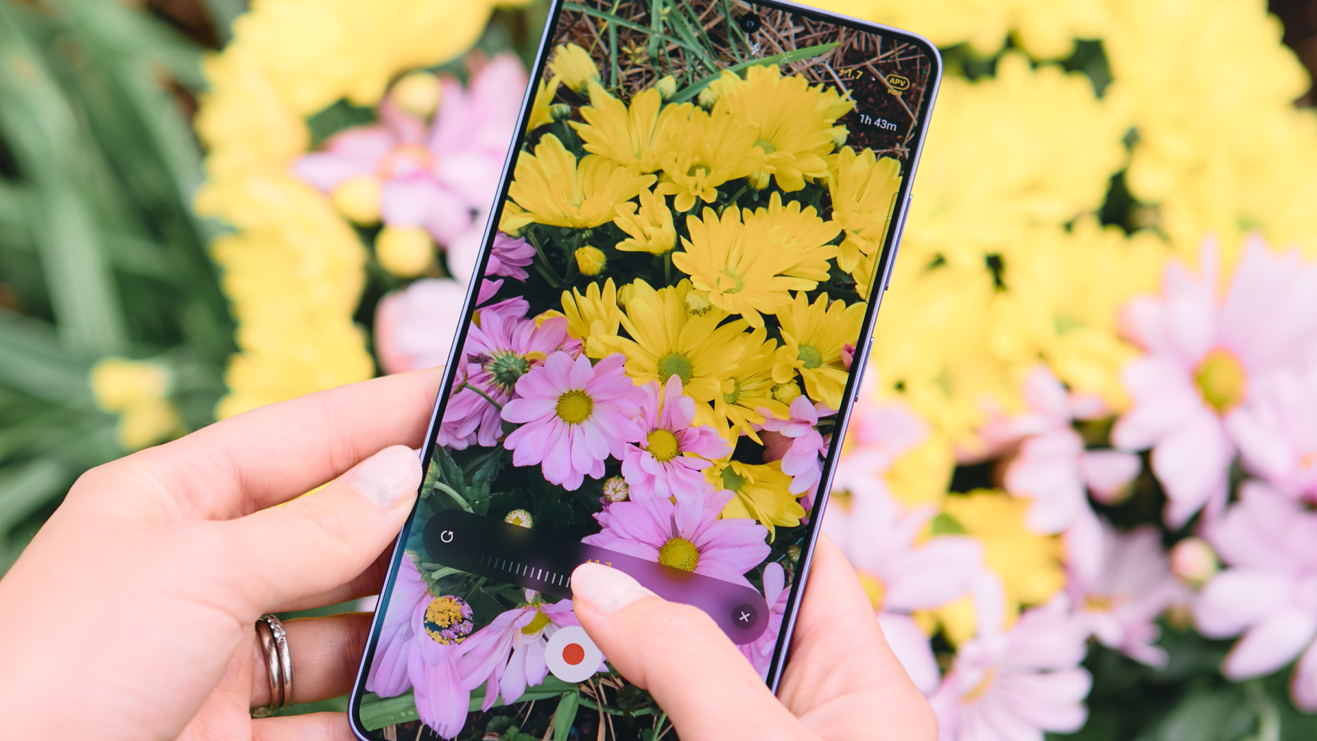 A woman takes photos of flowers using Samsung Galaxy S26 Ultra
