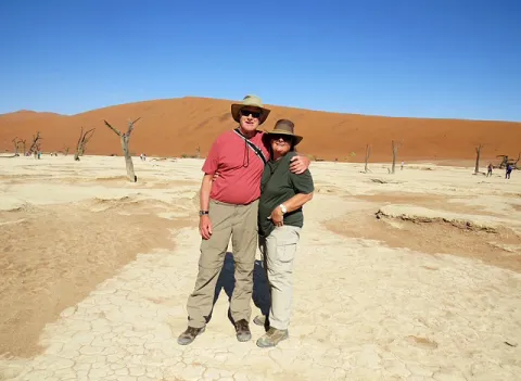 Times reader Liz Flack and her husband Peter at Deadvlei in Namibia