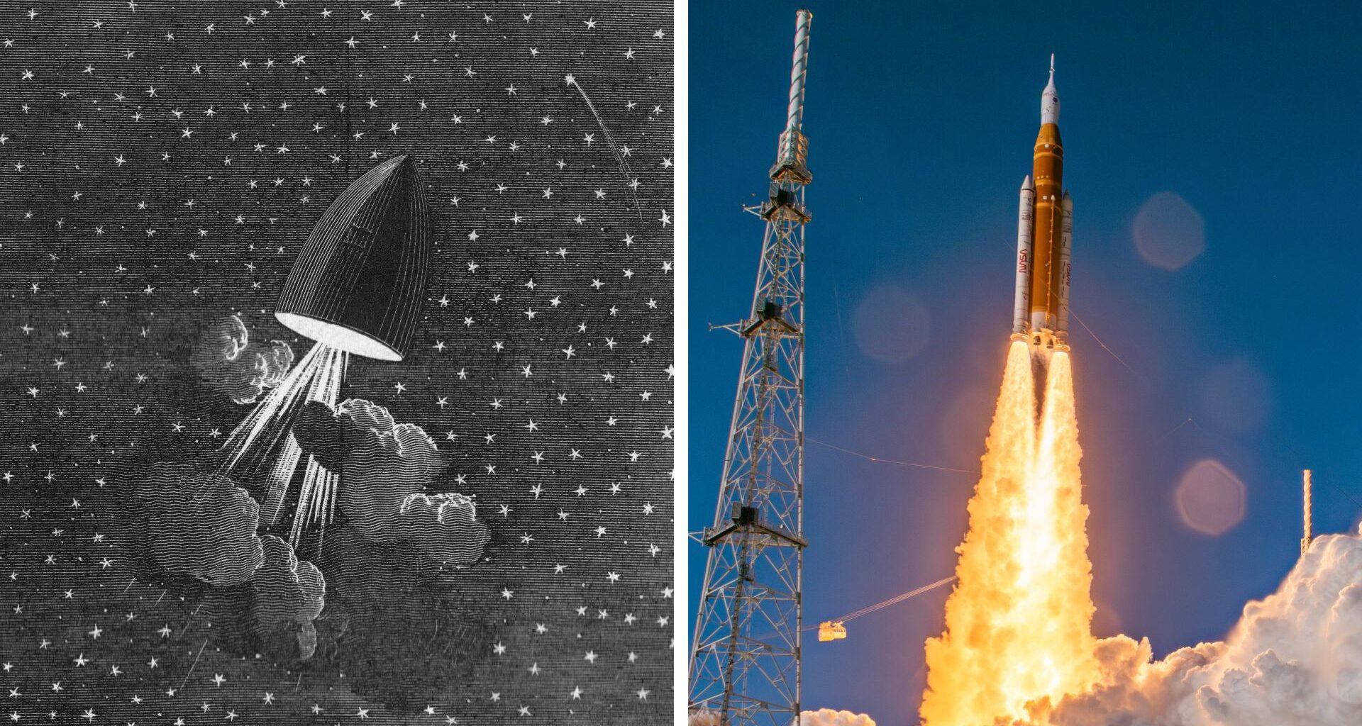 A split image showing an illustration of Jules Verne's "Around the Moon" (L) and a photo of the Artemis 2 rocket launch (R)