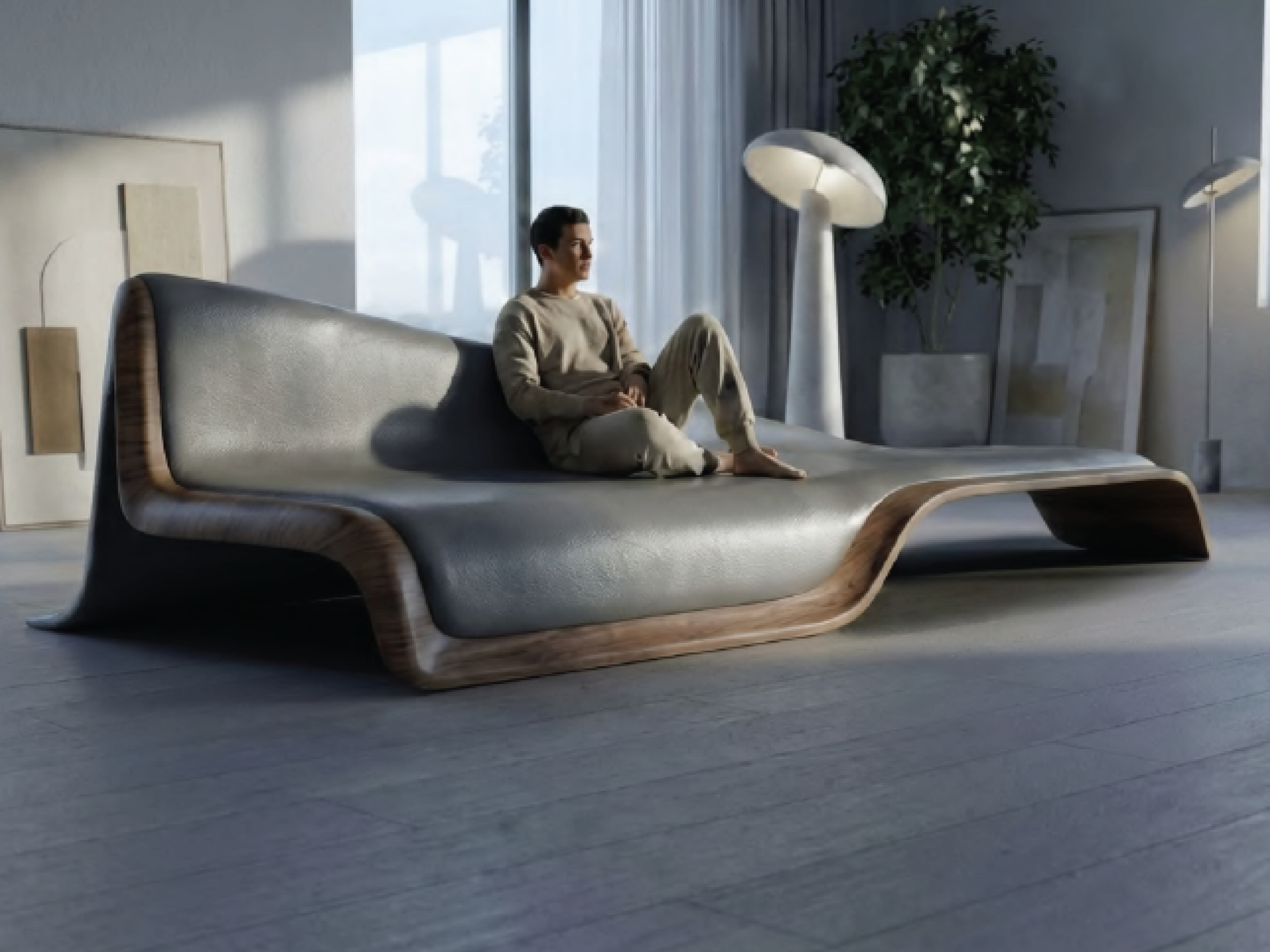 a render of an unusual flat wood and leather sofa