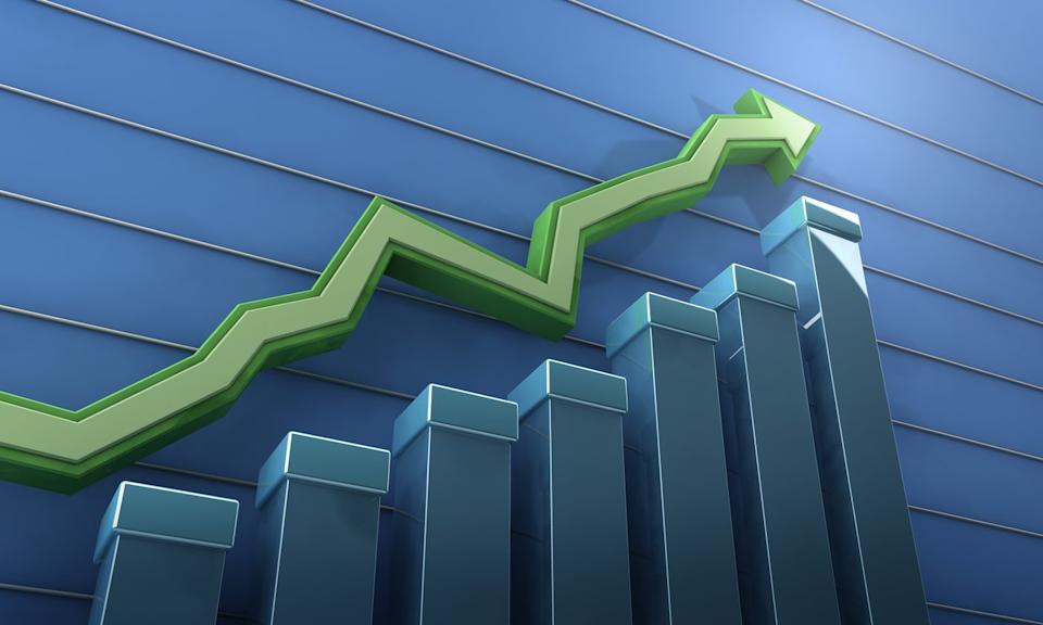 A bar chart with a trend line highlighting a growth trend.