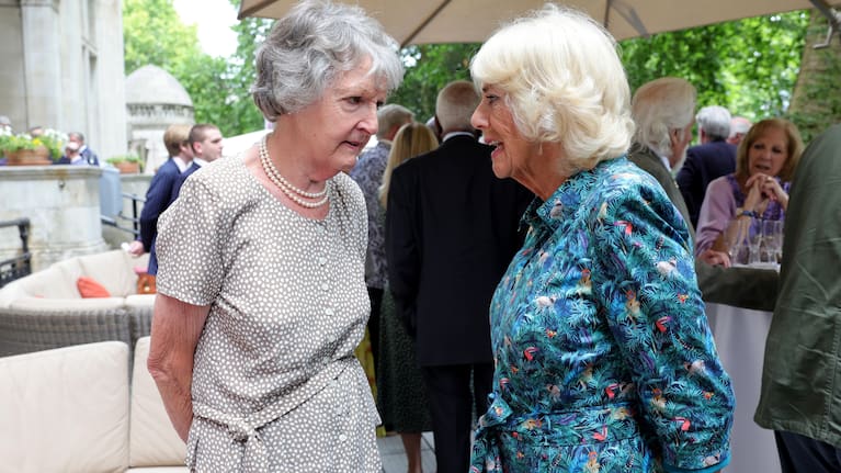 Camilla, the then-Duchess of Cornwall, right, with Penelope Keith, left, in London, England.