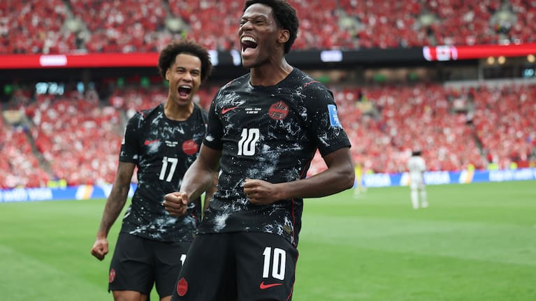 Canada's Jonathan David (10) celebrates after scoring their second goal during the World Cup Group B soccer match between Canada and Qatar in Vancouver, British Columbia, Thursday, June 18, 2026.