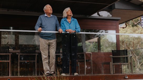 Terence and Tina Cole on the balcony of the house their son Richard Cole designed for them. Thresholds between indoor and outdoor spaces are seamless.