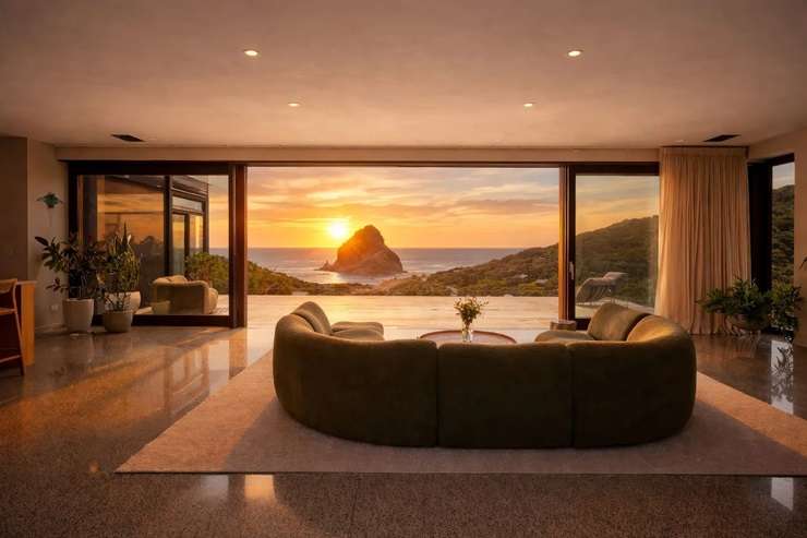 Jenene Crossan and Scottie Chapman are selling their luxury seven-bedroom beach escape at 27 Glenesk Road, above Piha’s Lion Rock, on Auckland's west coast. Photo / Supplied