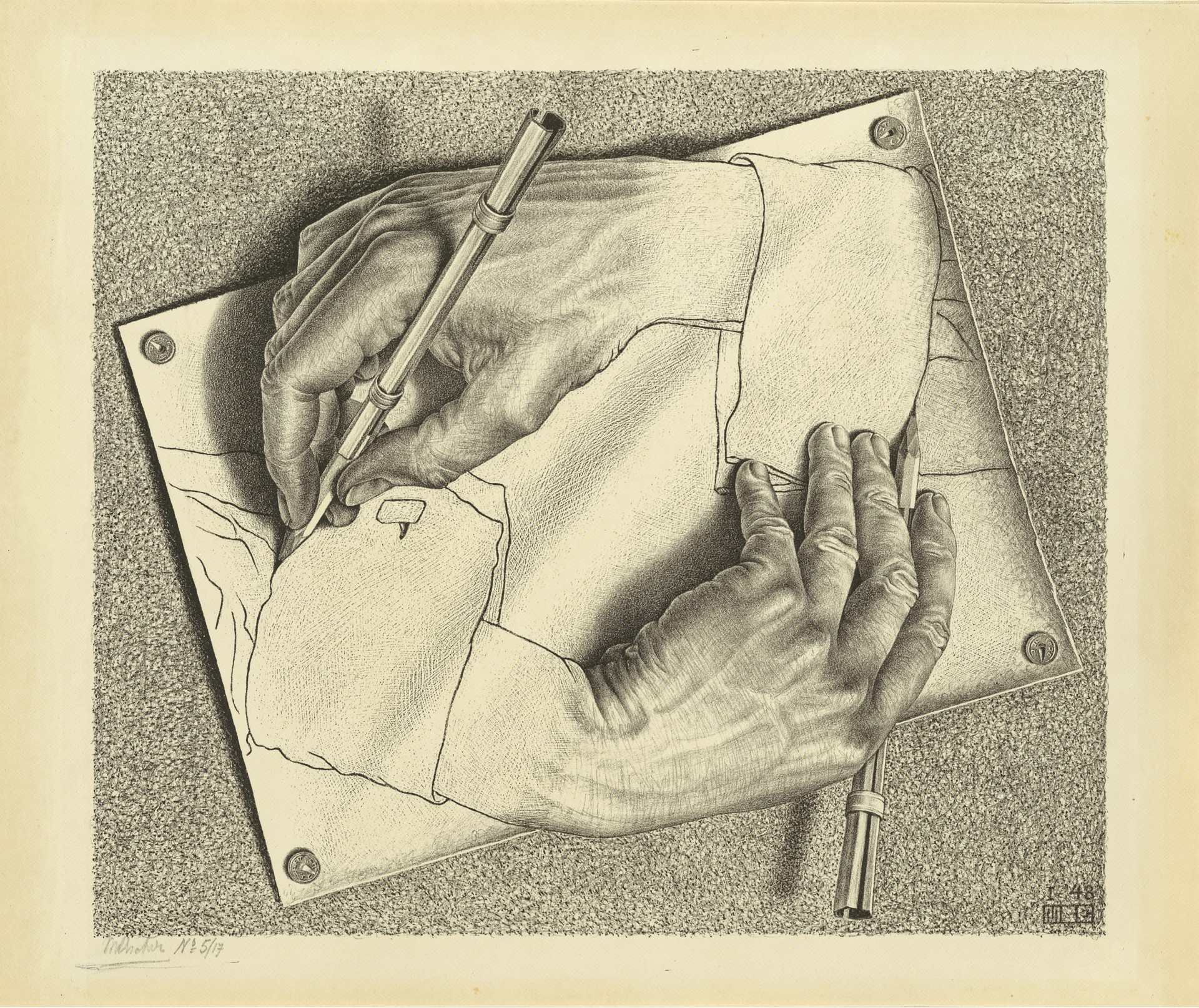 A lithograph of two hands emerging from a flat sheet of paper, each drawing the other into three-dimensional existence in a perfectly closed loop.