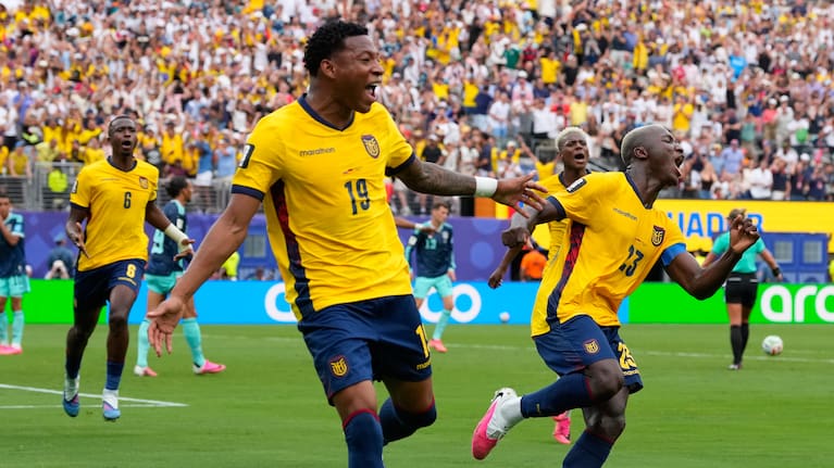 cuador's Gonzalo Plata (19) celebrates scoring his side's second goal against Germany during the World Cup Group E match.