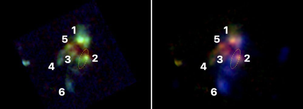 These JWST images show the six galaxies in the protocluster, and the SMBH in the dotted orange ellipse. The image on the right also shows fast-moving gas in blue. Image Credit: NASA/ESA/CSA