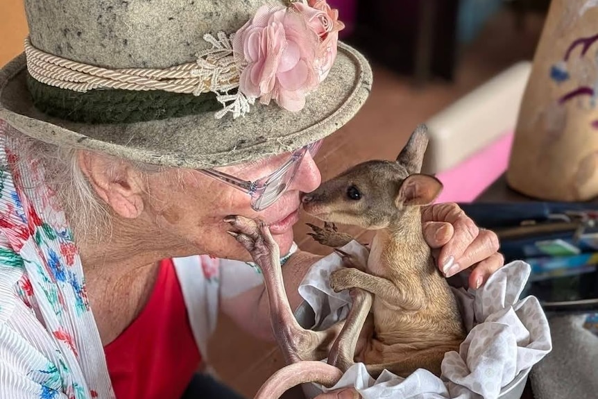 Majella Stapleton kissing the little agile wallaby.